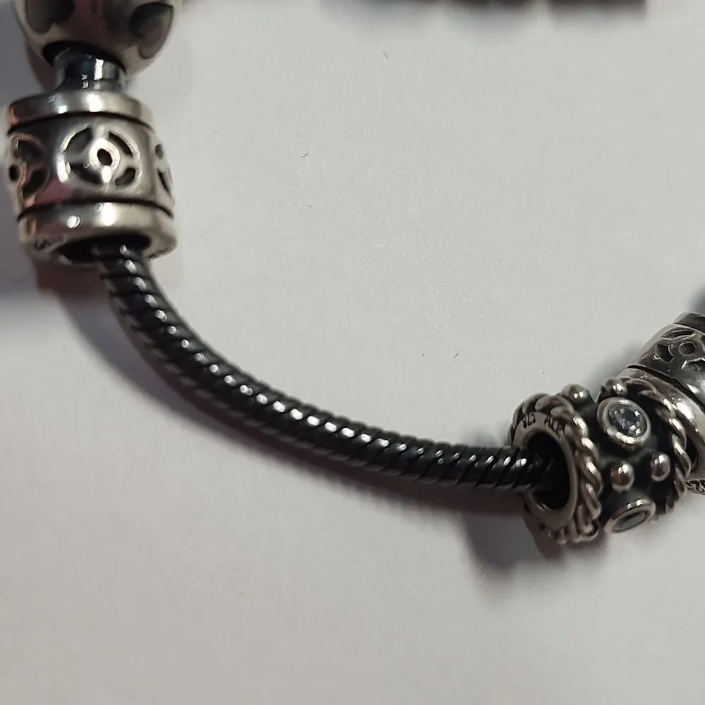 Pandora Sterling Silver Bead Charm Bracelet with Pearl Drop 9 Charms 925 ALE